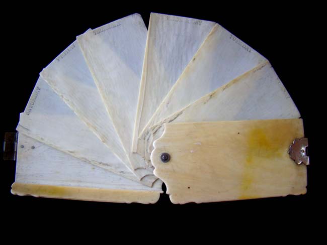 A 19th century ivory pocket daily calendar made of ivory and inscribed "Robt. C. McCurdy, Halifax, N. S." circa 1860